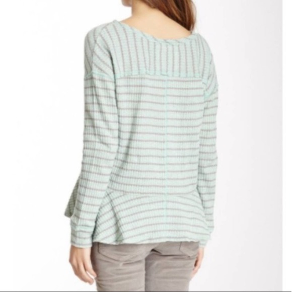 Free People Seaform Striped Knit Sweater Top Aquamarine Peplum Ruffle Hem Medium - Picture 3 of 12